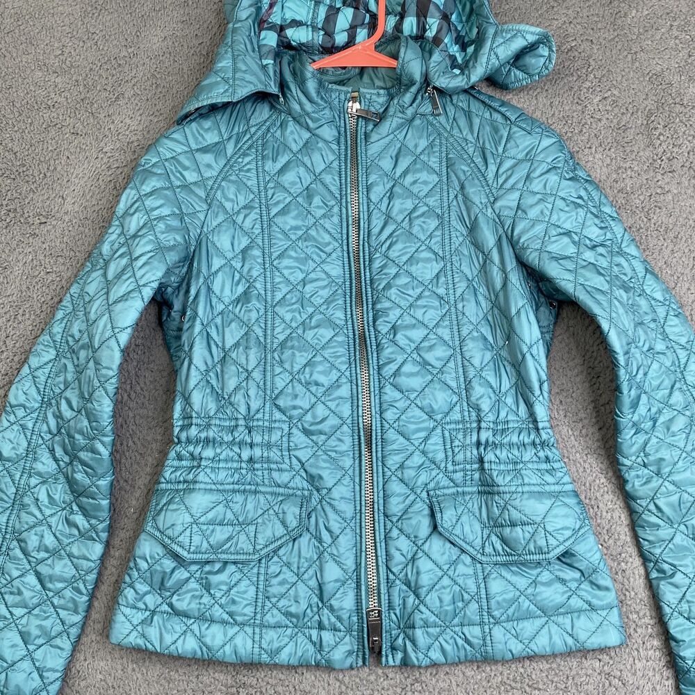 Burberry Brit Jacket Womens Small Teal Quilted Hooded Nylon Full Zip Plaid Lined - Picture 2 of 16